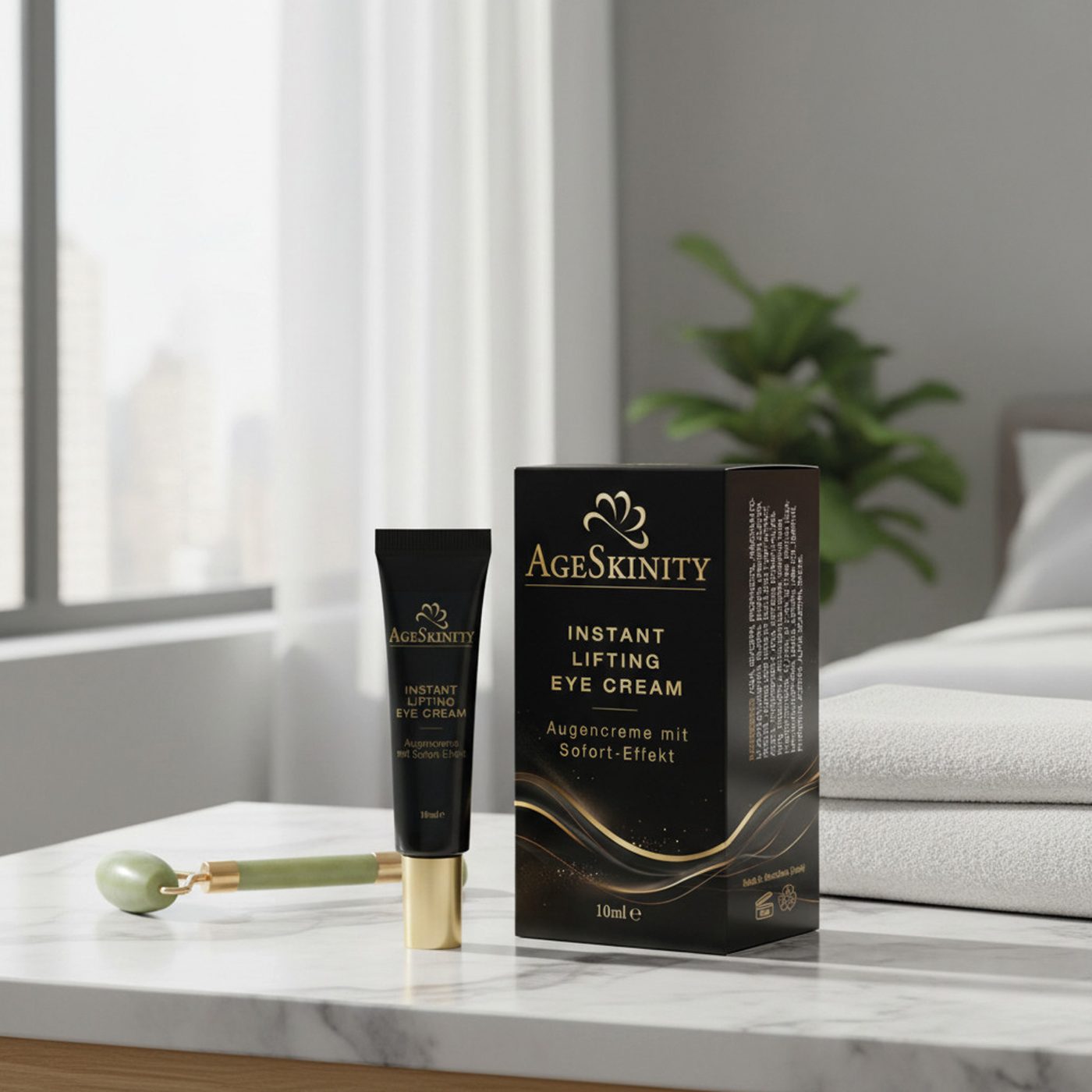 AgeSkinity Instant Lifting Eye Cream – Tube und Verpackung auf Marmor